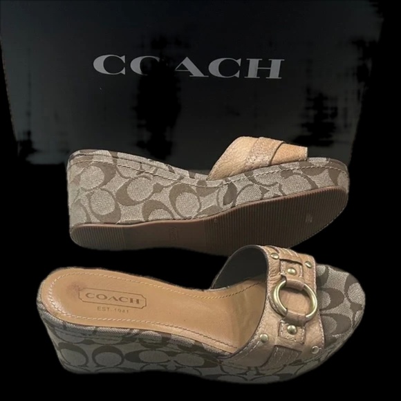 COACH Tan Leather Classic Monogram Wedge Sandals - Picture 2 of 4